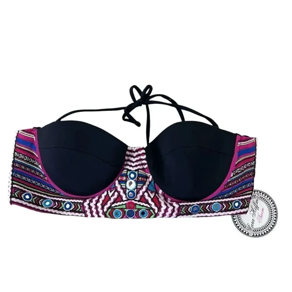 Mara Hoffman Strapless Bandeau Bikini Top Black Embroidered NEW Size L